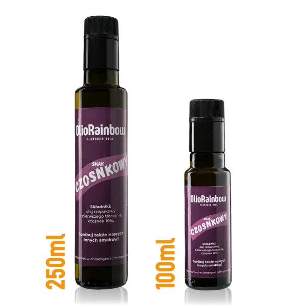 Olej czosnkowy OlioRainbow — butelki 250ml i 100ml w ciemnym szkle