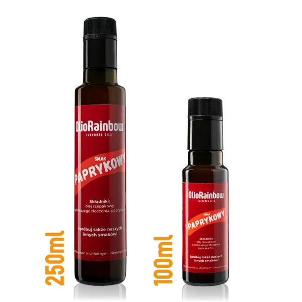 Olej paprykowy OlioRainbow — butelki 250ml i 100ml w ciemnym szkle