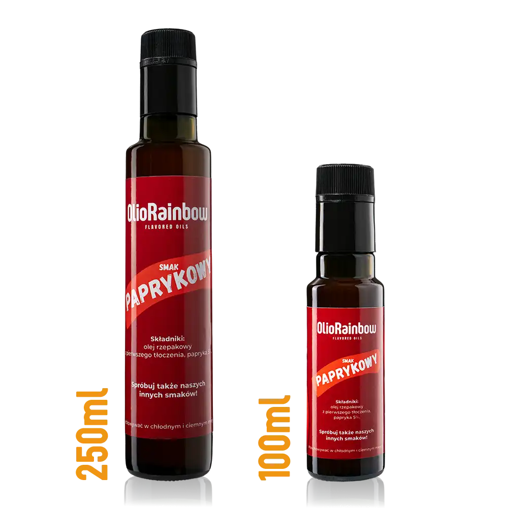 Olej Paprykowy OlioRainbow 1 Olej paprykowy OlioRainbow — butelki 250ml i 100ml w ciemnym szkle